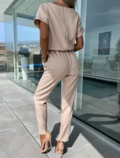Hot Women's Jumpsuits Casual Summer Lace up High Waist Solid Color Crew Neck Business Office Work Loose Fit Short Sleeve Black Pink Fuchsia S M L Women Jumpsuits