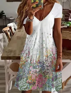 Online Women's Knee Length Dress A Line Dress Stylish Casual Outdoor Winter Dress Vacation Regular Fit Floral Animal Butterfly Long Sleeve V Neck Black White Pink Green Summer Spring Women T Shirt Dresses