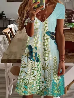 Online Women's Knee Length Dress A Line Dress Stylish Casual Outdoor Winter Dress Vacation Regular Fit Floral Animal Butterfly Long Sleeve V Neck Black White Pink Green Summer Spring Women T Shirt Dresses