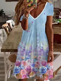 Online Women's Knee Length Dress A Line Dress Stylish Casual Outdoor Winter Dress Vacation Regular Fit Floral Animal Butterfly Long Sleeve V Neck Black White Pink Green Summer Spring Women T Shirt Dresses