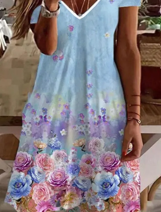 Online Women's Knee Length Dress A Line Dress Stylish Casual Outdoor Winter Dress Vacation Regular Fit Floral Animal Butterfly Long Sleeve V Neck Black White Pink Green Summer Spring Women T Shirt Dresses
