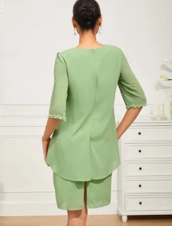 Sale Women's Knee Length Dress Chiffon Dress Elegant Formal Wedding Guest Cocktail Party Loose Fit 3/4 Length Sleeve Crew Neck Summer Spring Women Chiffon Dresses|Work Dresses