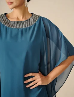 Online Women's Knee Length Dress Chiffon Dress Elegant Party Solid Color Half Sleeve Crew Neck Summer Spring Fall Women Cocktail Dress