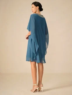 Online Women's Knee Length Dress Chiffon Dress Elegant Party Solid Color Half Sleeve Crew Neck Summer Spring Fall Women Cocktail Dress