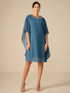 Online Women's Knee Length Dress Chiffon Dress Elegant Party Solid Color Half Sleeve Crew Neck Summer Spring Fall Women Cocktail Dress