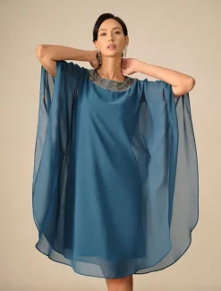 Online Women's Knee Length Dress Chiffon Dress Elegant Party Solid Color Half Sleeve Crew Neck Summer Spring Fall Women Cocktail Dress