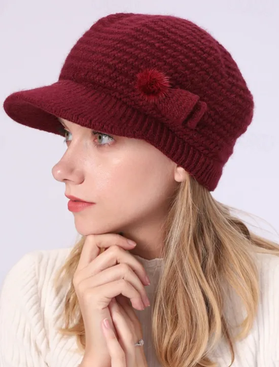 Clearance Women's Knit Hat Bow & Pom Poms Decor Thermal Winter Hat With Sun Visor For Outdoor Women Hats