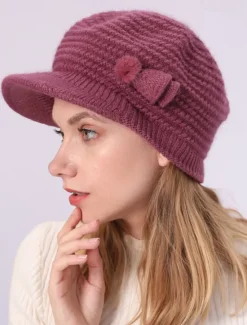 Clearance Women's Knit Hat Bow & Pom Poms Decor Thermal Winter Hat With Sun Visor For Outdoor Women Hats