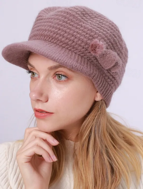 Clearance Women's Knit Hat Bow & Pom Poms Decor Thermal Winter Hat With Sun Visor For Outdoor Women Hats