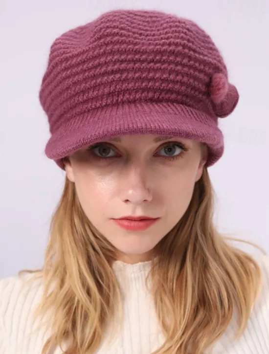 Clearance Women's Knit Hat Bow & Pom Poms Decor Thermal Winter Hat With Sun Visor For Outdoor Women Hats