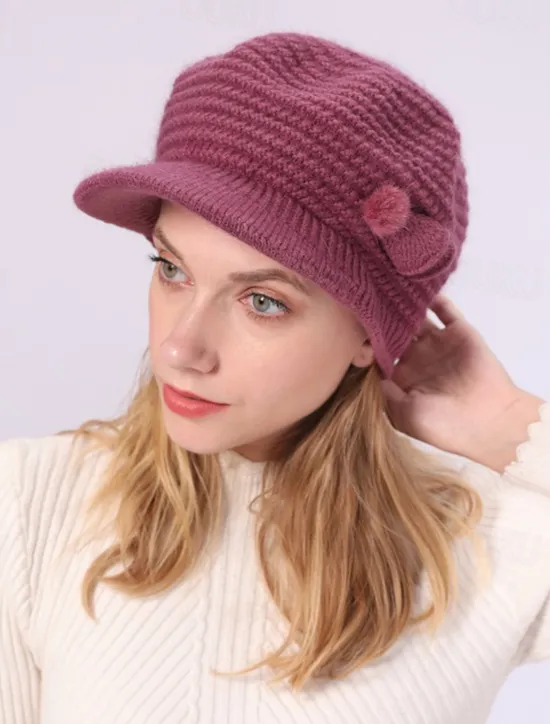 Clearance Women's Knit Hat Bow & Pom Poms Decor Thermal Winter Hat With Sun Visor For Outdoor Women Hats