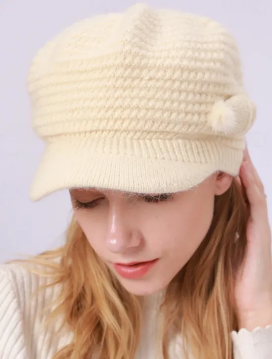 Clearance Women's Knit Hat Bow & Pom Poms Decor Thermal Winter Hat With Sun Visor For Outdoor Women Hats