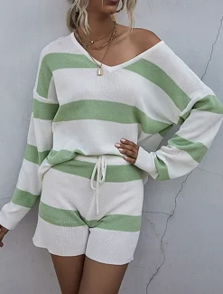 Hot Women's Knit Two Piece Set Off-Shoulder Long Sleeve Drawstring Shorts Striped White Pastel Spring Autumn Casual Loungewear Comfortable Sizes Women Pajama-Setter