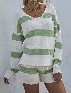 Hot Women's Knit Two Piece Set Off-Shoulder Long Sleeve Drawstring Shorts Striped White Pastel Spring Autumn Casual Loungewear Comfortable Sizes Women Pajama-Setter