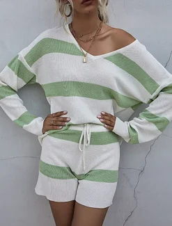 Hot Women's Knit Two Piece Set Off-Shoulder Long Sleeve Drawstring Shorts Striped White Pastel Spring Autumn Casual Loungewear Comfortable Sizes Women Pajama-Setter
