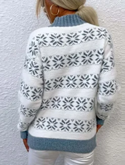 Online Women's Knitted Snowflake Sweater High Neck Long Sleeve Ribbed Texture White Light Blue Winter Festive Holiday Regular Fit Clothing Apparel Women Ugly Sweater|Pullovers & Tops