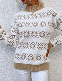 Online Women's Knitted Snowflake Sweater High Neck Long Sleeve Ribbed Texture White Light Blue Winter Festive Holiday Regular Fit Clothing Apparel Women Ugly Sweater|Pullovers & Tops
