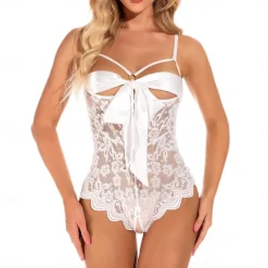 Women's Lace Backless Bow Sexy Erotic Sexy Lingerie Sexy Bodies Nightwear - POLY Spandex Solid Colored Sexy Lingerie Set Home Outfits Women Lingerie