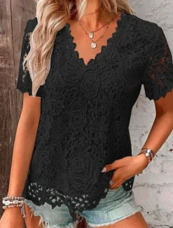 Online Women's Lace Blouse V-Neck Floral Short Sleeve White Elegant Romantic Semi-Translucent Breathable Top Spring Summer Casual Event Fashion Clothing Apparel Women Lace Tops