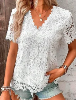Online Women's Lace Blouse V-Neck Floral Short Sleeve White Elegant Romantic Semi-Translucent Breathable Top Spring Summer Casual Event Fashion Clothing Apparel Women Lace Tops
