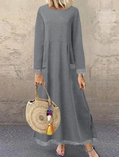 Women's Lace Dress Maxi Dress Lace Patchwork Casual Crew Neck Long Sleeve Black Green Gray Color Women Vacation Dresses