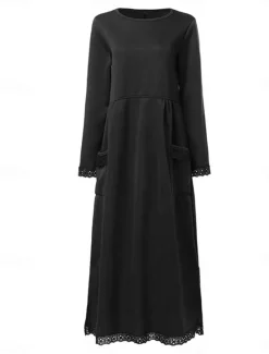 Women's Lace Dress Maxi Dress Lace Patchwork Casual Crew Neck Long Sleeve Black Green Gray Color Women Vacation Dresses