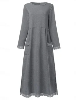 Women's Lace Dress Maxi Dress Lace Patchwork Casual Crew Neck Long Sleeve Black Green Gray Color Women Vacation Dresses