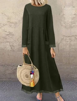 Women's Lace Dress Maxi Dress Lace Patchwork Casual Crew Neck Long Sleeve Black Green Gray Color Women Vacation Dresses