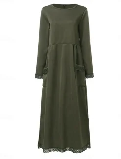 Women's Lace Dress Maxi Dress Lace Patchwork Casual Crew Neck Long Sleeve Black Green Gray Color Women Vacation Dresses