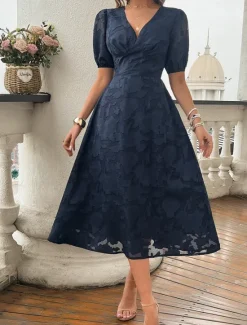 Clearance Women's Lace Dress Midi Dress Lace Patchwork Party Wedding Guest Cocktail Party Elegant Streetwear V Neck Short Sleeve Black Red Color Women Cocktail Dress