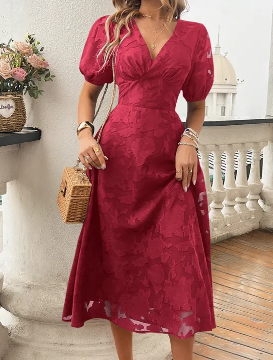 Clearance Women's Lace Dress Midi Dress Lace Patchwork Party Wedding Guest Cocktail Party Elegant Streetwear V Neck Short Sleeve Black Red Color Women Cocktail Dress