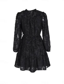 New Women's Lace Dress Mini Dress Belted Formal Stand Collar Long Sleeve Black Wine Navy Blue Color Women Casual Dress