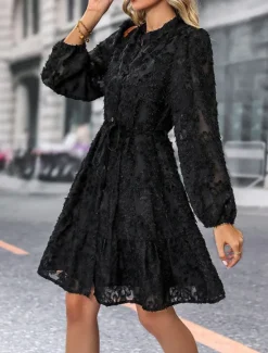 New Women's Lace Dress Mini Dress Belted Formal Stand Collar Long Sleeve Black Wine Navy Blue Color Women Casual Dress