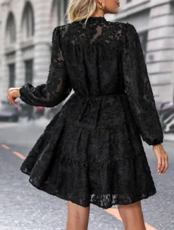 New Women's Lace Dress Mini Dress Belted Formal Stand Collar Long Sleeve Black Wine Navy Blue Color Women Casual Dress