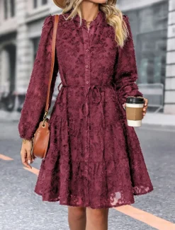 New Women's Lace Dress Mini Dress Belted Formal Stand Collar Long Sleeve Black Wine Navy Blue Color Women Casual Dress