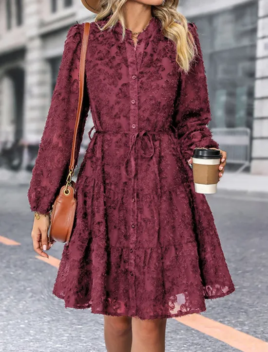 New Women's Lace Dress Mini Dress Belted Formal Stand Collar Long Sleeve Black Wine Navy Blue Color Women Casual Dress