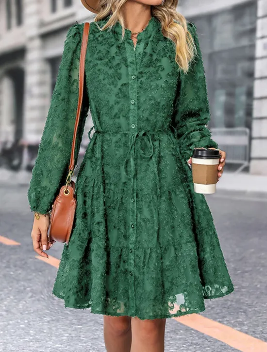 New Women's Lace Dress Mini Dress Belted Formal Stand Collar Long Sleeve Black Wine Navy Blue Color Women Casual Dress