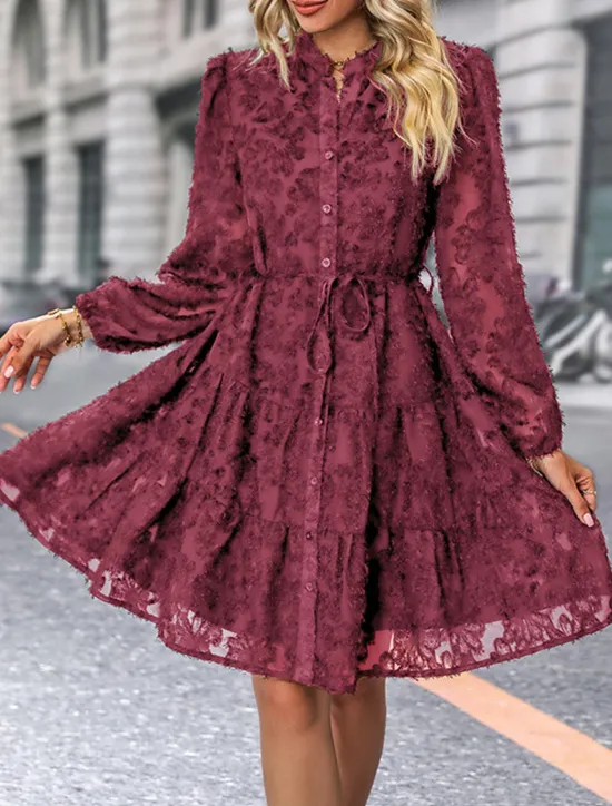 New Women's Lace Dress Mini Dress Belted Formal Stand Collar Long Sleeve Black Wine Navy Blue Color Women Casual Dress