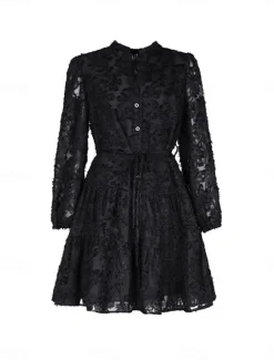 New Women's Lace Dress Mini Dress Belted Formal Stand Collar Long Sleeve Black Wine Navy Blue Color Women Casual Dress