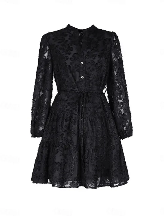 New Women's Lace Dress Mini Dress Belted Formal Stand Collar Long Sleeve Black Wine Navy Blue Color Women Casual Dress