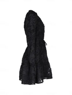New Women's Lace Dress Mini Dress Belted Formal Stand Collar Long Sleeve Black Wine Navy Blue Color Women Casual Dress