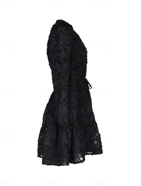 New Women's Lace Dress Mini Dress Belted Formal Stand Collar Long Sleeve Black Wine Navy Blue Color Women Casual Dress