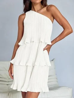 New Women's Lace Dress Mini Dress Ruffle Date Vacation Streetwear Casual One Shoulder Sleeveless Black White Pink Color Women White Dresses