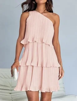 New Women's Lace Dress Mini Dress Ruffle Date Vacation Streetwear Casual One Shoulder Sleeveless Black White Pink Color Women White Dresses