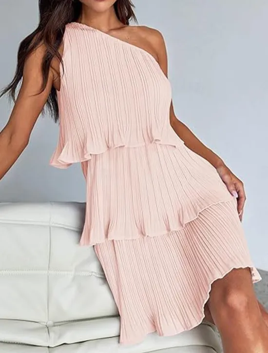 New Women's Lace Dress Mini Dress Ruffle Date Vacation Streetwear Casual One Shoulder Sleeveless Black White Pink Color Women White Dresses