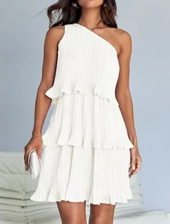 New Women's Lace Dress Mini Dress Ruffle Date Vacation Streetwear Casual One Shoulder Sleeveless Black White Pink Color Women White Dresses