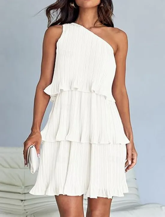 New Women's Lace Dress Mini Dress Ruffle Date Vacation Streetwear Casual One Shoulder Sleeveless Black White Pink Color Women White Dresses