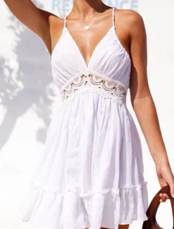 Clearance Women's Lace Dress Mini Dress Lace Patchwork Vacation Beach Sexy Casual Spaghetti Strap Sleeveless Black White Dark Blue Color Women Sundresses