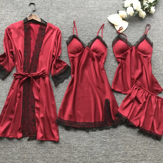 Sale Women's Lace Satin Silk Pajamas Sets 4 Pcs Home Party Daily Elastic Waist Pure Color Satin Simple Casual Soft Strap Top Shorts Fall Winter Spring Strap Short Sleeves Long Sleeve Home Outfits Women Pajama-Setter