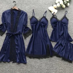 Sale Women's Lace Satin Silk Pajamas Sets 4 Pcs Home Party Daily Elastic Waist Pure Color Satin Simple Casual Soft Strap Top Shorts Fall Winter Spring Strap Short Sleeves Long Sleeve Home Outfits Women Pajama-Setter
